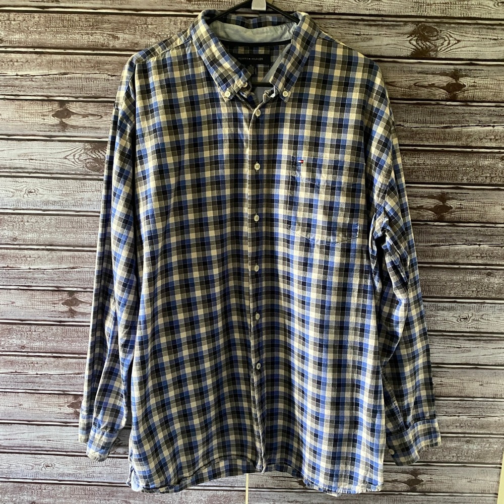 Tommy Hilfiger Men's Long-Sleeved Button-Down Shirt Size XL Plaid Logo